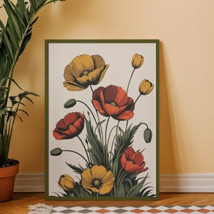 Arte mural vintage de amapolas botánicas: póster imprimible floral rojo y amarillo, ilustración floral retro, impresión digital de naturaleza