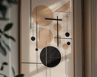 Póster imprimible minimalista de arte mural geométrico abstracto en beige y negro, estilo Bauhaus.