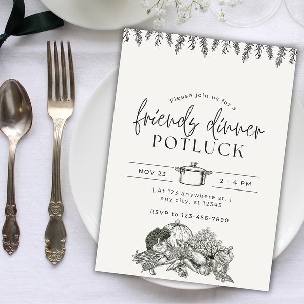 Friends Dinner Potluck Invitation Flyer Template Party Food Card Digital Editable Supper Invite Printable Invites Download E-Card Share