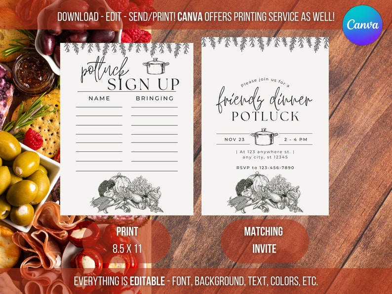 Editable Minimal Potluck Sign up Sheet Dinner Buffet Flyer Etsy