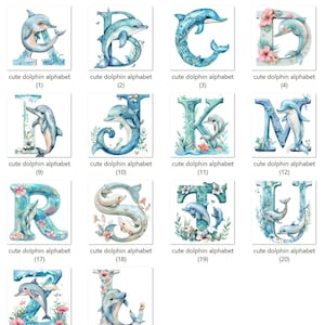 Könnte beinhalten: Aquarell-Illustration des Alphabets mit niedlichen Delfinen und Ozean-Designs. Jeder Buchstabe ist mit einem Delfin, Blumen und Meereswellen verziert. Die Buchstaben sind A, B, C, D, I, J, K, M, R, S, T, U, Z und L.