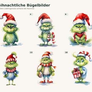 May include: A collection of six iron-on transfers featuring green, furry creatures in various Christmas outfits, including Santa hats, scarves, and sweaters. Each character is numbered 1, 4, 6, 9, 13, or 18, with the text "Weihnachtliche Bügelbilder" at the top.