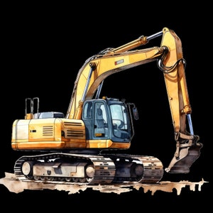 Könnte beinhalten: Aquarellillustration eines gelben Baggers mit schwarzer Kabine und Ketten. Der Arm des Baggers ist ausgefahren und die Schaufel ist geöffnet. Der Hintergrund ist schwarz, mit etwas brauner Erde am Boden.