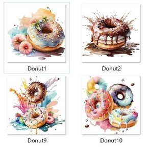 Könnte beinhalten: Zehn Aquarell-Illustrationen von Donuts mit verschiedenen Toppings und Farben. Die Donuts sind mit Farbspritzern und Glastropfen dargestellt.