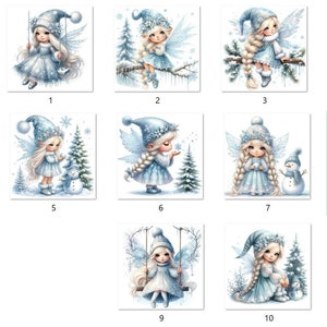 May include: Ten digital illustrations of winter fairies with blue and white wings, dresses, and hats. The fairies are depicted in various poses, including swinging on a swing, holding a snowflake, and standing next to a snowman.