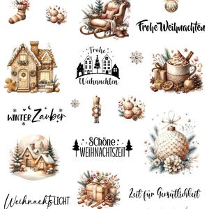 Peut inclure: Ensemble d'illustrations de Noël à l'aquarelle. Comprend une maison en pain d'épices, un fauteuil confortable près d'une cheminée, un traîneau et des textes festifs comme "Frohe Weihnachten" et "Winter Zauber."