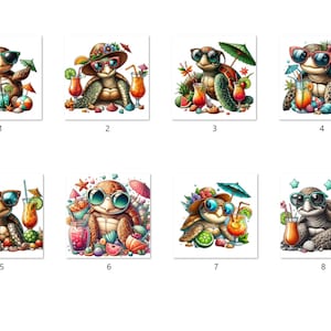 May include: Eight illustrations of cartoon turtles wearing sunglasses and enjoying tropical drinks. Each turtle is depicted in a different pose and with different accessories, such as a hat, a flower, or a beach umbrella. The turtles are all smiling and appear to be having a good time.