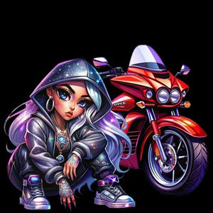 Op de afbeelding: Een digitale illustratie van een vrouw met paars haar die een zwart en blauw jack draagt met een galaxy print. Ze zit op een rode motorfiets met een zwarte stoel en een zwarte voorruit. De motorfiets heeft het woord "GYVED" aan de zijkant.