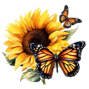 Könnte beinhalten: Ein Aquarellbild einer Sonnenblume mit zwei Monarchfaltern. Die Sonnenblume ist gelb mit einer dunkelbraunen Mitte. Die Schmetterlinge sind orange, schwarz und weiß.