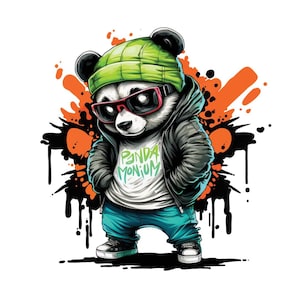 Könnte beinhalten: Ein Cartoon-Panda, der eine grüne Mütze, eine Sonnenbrille, eine schwarze Jacke, blaue Jeans und ein weißes T-Shirt mit dem Text "Panda Monium" trägt. Der Panda steht auf einem schwarzen und orangefarbenen Spritzhintergrund.