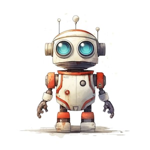 Könnte beinhalten: Ein weißer und roter Roboter mit blauen Augen und Antennen. Der Roboter hat einen verwitterten, Vintage-Look.