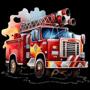 May include: A red fire engine with a ladder and a hose. The engine has a white stripe on the front and a yellow stripe on the side. The engine is on a black background.