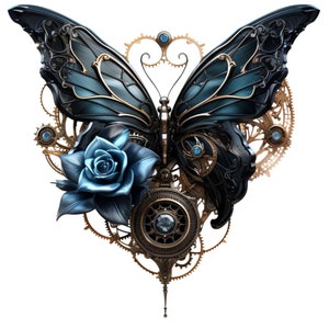 May include: A steampunk-style butterfly with intricate gears and a blue rose, all in gold and black metal.