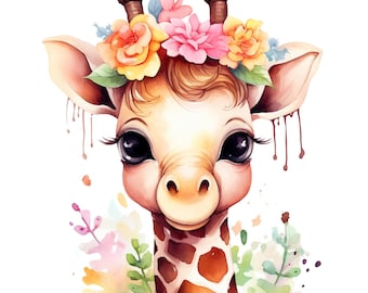May include: A watercolour illustration of a cute giraffe wearing a floral crown. The giraffe has large brown eyes and a sweet expression. The background is a soft watercolour wash of pink, blue, and green.