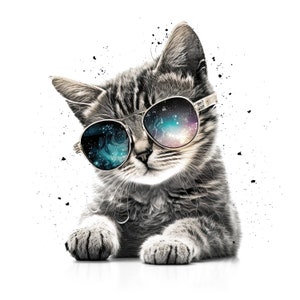 Puede incluir: Imagen digital de un gatito atigrado gris con gafas de sol con montura plateada. Las lentes de las gafas reflejan una colorida escena de galaxia. Salpicaduras de tinta negra rodean al gatito, sobre un fondo blanco.