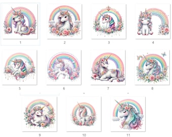 May include: A collection of 11 digital illustrations featuring cute unicorns with rainbows, flowers, and butterflies. The unicorns are white with pink, blue, and purple manes and tails.
