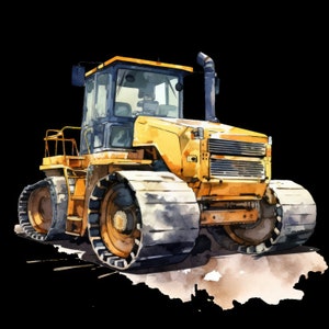 May include: A yellow and black crawler tractor with a large front tire and a smaller rear tire. The tractor has a large, open cab with a windshield and a metal grille.