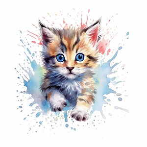 Può includere: Un dipinto ad acquerello di un gattino carino con gli occhi azzurri, circondato da schizzi di vernice colorati. Il gattino sta guardando direttamente lo spettatore con un'espressione curiosa.