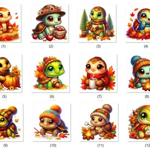 May include: Twelve illustrations of cute cartoon turtles wearing autumn-themed outfits and accessories. The turtles are depicted in various activities, such as holding pumpkins, drinking coffee, and enjoying a campfire.