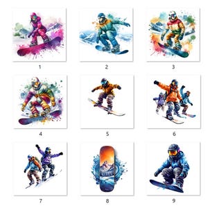 Peut inclure: Neuf illustrations à l'aquarelle de snowboarders dans différentes poses sur un fond blanc. Les illustrations sont de style cartoon et présentent des couleurs vives, notamment le bleu, le vert, le rouge, le jaune et le violet.