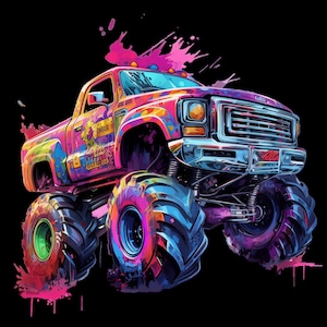 May include: A colorful monster truck illustration with a vibrant paint splatter design. The truck features large tires and a detailed front grill. The paint scheme includes pink, orange, blue, and green hues, with the word "AMELA" visible on the side.