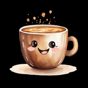 Puede incluir: Una taza de café marrón con una cara sonriente y vapor saliendo de la parte superior. La taza está sobre un platillo blanco.