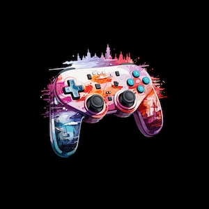 Op de afbeelding: Een kleurrijke videogamecontroller met een stadsbeeldontwerp. De controller is roze, blauw en wit met een zwart-wit stadsbeeldontwerp.