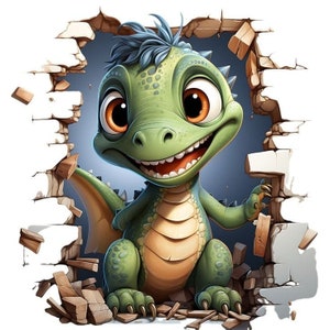 May include: A green cartoon dragon with blue hair peeks out of a broken brick wall. The dragon has large eyes, a toothy grin, and a small wing visible on the left side of the image.