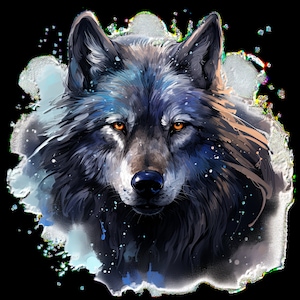 May include: A close-up of a wolf's face with blue and grey fur, set against a white watercolour background with a light blue and grey splatter effect.