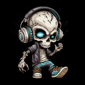 Könnte beinhalten: Ein Cartoon-Schädel mit Kopfhörern und blauen und weißen Turnschuhen. Der Schädel hat leuchtend blaue Augen und trägt eine schwarze Jacke und eine blaue Jeans.