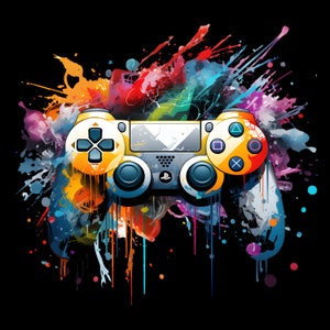 Può includere: Un controller per videogiochi nero e giallo con schizzi di vernice colorata sullo sfondo.