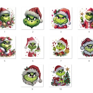 Puede incluir: Una colección de diez ilustraciones cuadradas que presentan al Grinch en varias poses navideñas. El Grinch, con una cara verde, lleva un gorro de Papá Noel y atuendo festivo, rodeado de decoraciones navideñas.