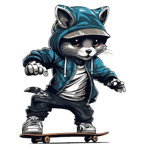 Puede incluir: Un mapache de dibujos animados con una sudadera con capucha azul y pantalones negros está haciendo skateboard. El mapache tiene la nariz negra y los ojos negros. La tabla de skate es marrón con ruedas negras.