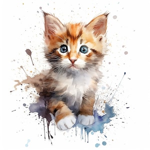 Può includere: Un dipinto ad acquerello di un adorabile gattino arancione e bianco con gli occhi azzurri. Il gattino guarda direttamente lo spettatore ed è circondato da schizzi di acquerello colorati.