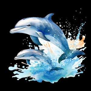 Puede incluir: Dos delfines azules saltando fuera del agua, creando un chapoteo de gotas de agua azules y blancas. Los delfines están pintados en estilo acuarela.