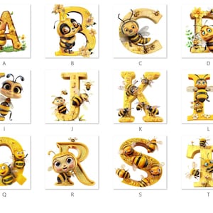 Puede incluir: Un conjunto de letras del alfabeto de la A a la T, cada letra está decorada con una abeja de dibujos animados y un diseño de panal. Las letras son amarillas y marrones.