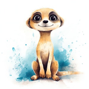 May include: A cute cartoon meerkat with brown fur and big black eyes sits on a blue watercolor background. The meerkat is smiling and has a light brown nose.
