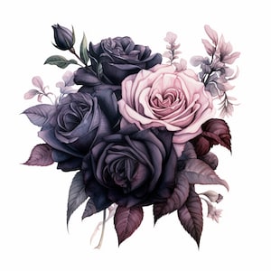 Könnte beinhalten: Ein Strauß aus dunkelvioletten und rosafarbenen Rosen mit grünen und burgunderfarbenen Blättern. Die Rosen sind in einer Traube angeordnet, wobei die rosafarbene Rose in der Mitte liegt.
