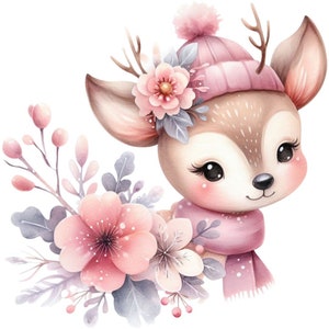 Op de afbeelding: Een aquarel-illustratie van een schattig ree dat een roze hoed en sjaal draagt met een bloemstuk van roze bloemen en grijze bladeren.