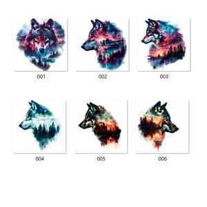 transferencia termoadhesiva; motivo termoadhesivo, lobo, luna, auroras boreales