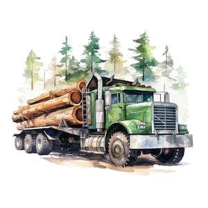 Könnte beinhalten: Ein grüner Sattelzug, der eine Ladung Holz durch einen Wald transportiert. Der LKW fährt auf einem Feldweg und die Bäume stehen an beiden Seiten des Weges. Der LKW transportiert eine große Ladung Holz und die Holzstämme sind hoch auf der Ladefläche des LKW gestapelt.