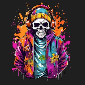 Könnte beinhalten: Eine farbenfrohe Illustration eines Schädels mit Kopfhörern und einer Jacke mit Graffiti-Schriftzug. Der Schädel hat ein leuchtendes Pink-, Gelb- und Blauton.