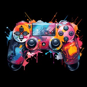 Op de afbeelding: Een kleurrijke PlayStation-controller met een gespatte verfdesign. De controller is zwart met rode, blauwe, gele en oranje verfspatten.