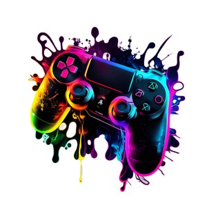 Pode incluir: Um controlador de videogame preto com respingos de tinta coloridos no fundo. O controlador tem botões etiquetados com as letras A, B, X e Y, bem como setas direcionais.