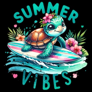 May include: A cartoon illustration of a sea turtle surfing on a surfboard. The turtle has a brown shell, turquoise skin, and a floral crown. The surfboard is blue, pink, and white. The words "SUMMER VIBES" are written in turquoise.