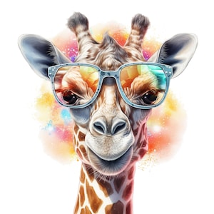 Op de afbeelding: Een giraffe met een blauwe zonnebril op een kleurrijke, abstracte achtergrond.