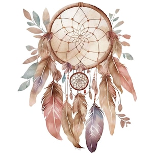 Op de afbeelding: Een bruine droomvanger met een geweven net en veren in tinten bruin, roze en paars. De droomvanger heeft een kleine, met kralen bezette cirkel die aan de onderkant hangt.