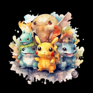 Puede incluir: Una pintura de acuarela de un grupo de personajes de dibujos animados, incluyendo Pikachu, Squirtle y Bulbasaur. Los personajes están rodeados de acuarelas coloridas.