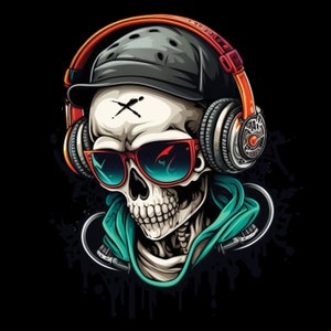 May include: A cartoon skull wearing a black baseball cap, red and orange headphones, and blue and green sunglasses. The skull is wearing a teal and black hoodie.
