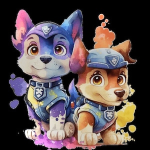 Puede incluir: Dos cachorros de dibujos animados que llevan uniformes azules y morados con huellas de patas en sus sombreros. Los cachorros están de pie sobre un fondo colorido con salpicaduras de pintura.